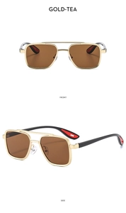 Close-up of gold pilot sunglasses with tea lenses, showing front and side views