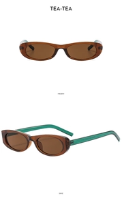 Detailed front and side views of oval sunglasses with tea lenses and green temples