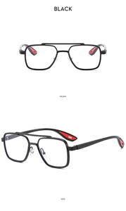 Front and side views of black double bridge aviator sunglasses with red rubber temple tips