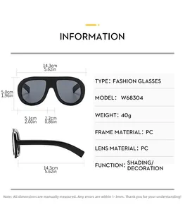 Size chart showing large frame sunglasses dimensions and PC material specifications