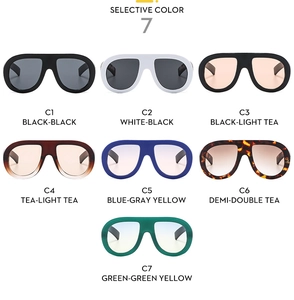 Detailed grid showing seven color options for oversized fashion shield sunglasses