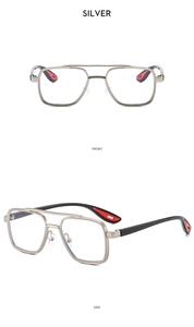 Detail of silver double-bridge aviator sunglasses with black and red temple tips