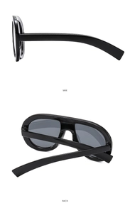 Detailed side and back views of oversized aviator sunglasses with thick black frames