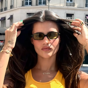 Retro square narrow sunglasses with light yellow lenses and premium black frame