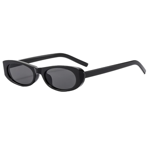 Vintage oval black frame sunglasses with gray lenses in a minimalist retro fashion style