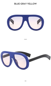 Front and 45-degree side views of fashion oversized blue frame sunglasses with gradient lenses