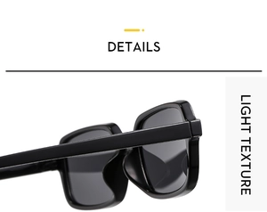 Detail view of smooth hinges and lightweight frame texture on black square sunglasses