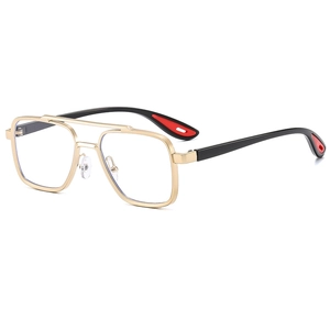 Men's double-bridge aviator glasses in gold metal frame with black and red temple tips