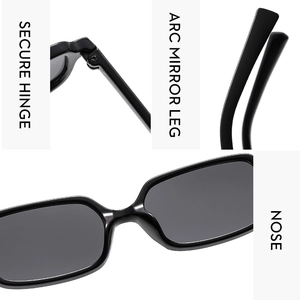 Detail view of black rectangular sunglasses featuring secure hinges and arc mirror legs