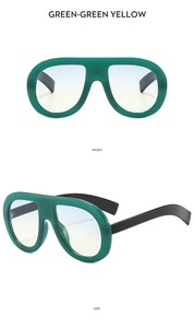 Front and side view of green matte oversized sunglasses with yellow-blue gradient lenses