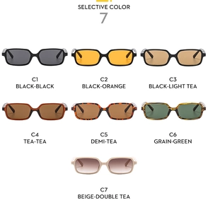 Selective color display of seven retro small frame square sunglasses in various tints