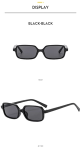 Front and 45-degree side views of retro square black sunglasses with silver accents