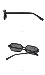 Side and back view of retro square black sunglasses with polished frames and dark lenses