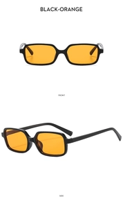 Front and side view of retro rectangular sunglasses with black frames and orange lenses