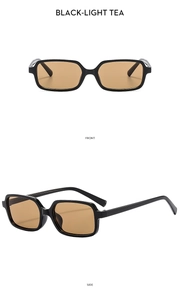 Front and side views of vintage rectangular sunglasses with black frames and light tea lenses