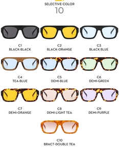 Nuancier de dix lunettes de soleil carrées tendance avec diverses teintes de verres et montures