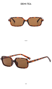 Detail view showing front and side profile of vintage rectangle demi-tea sunglasses
