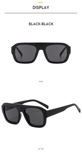 Vue de face et de côté de lunettes de soleil carrées noires à dessus plat tendance