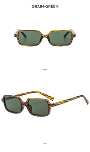 Front and side view of grain-green tortoiseshell square sunglasses with dark green lenses