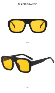 Vues de face et de côté de lunettes de soleil carrées noires avec verres oranges