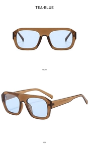 Vues détaillées de lunettes de soleil carrées marron thé avec verres bleus de face et profil