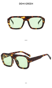 Vues de face et de côté des lunettes de soleil carrées écaille avec verres vert clair