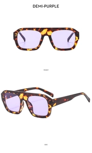 Vue avant et latérale de lunettes de soleil carrées tendance en violet écaille