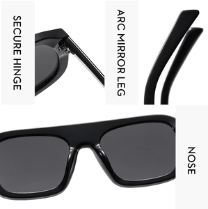 Détail de lunettes de soleil carrées avec charnières métalliques et branches incurvées
