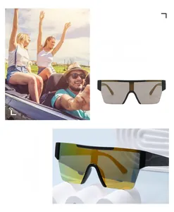 Close-up of stylish oversized shield sunglasses with reflective yellow and dark grey lenses
