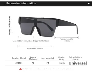 Detailed dimensions of black square shield cycling sunglasses with PC frame and lens