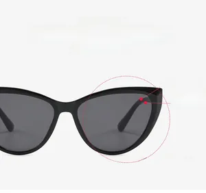 Detail view of the sleek black cat-eye sunglasses frame with dark lenses for UV protection