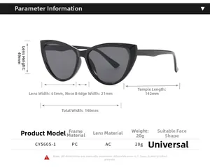 Detailed dimension guide for cat eye sunglasses showing lens size and frame width