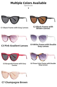 Matrix layout of vintage cat eye sunglasses in seven colors with plastic frames