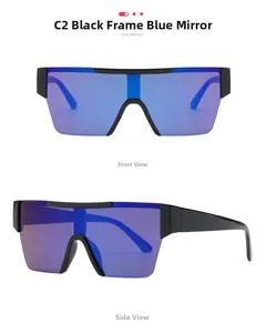 Gros plan de lunettes de soleil carrées oversize avec monture noire et verres bleu miroir