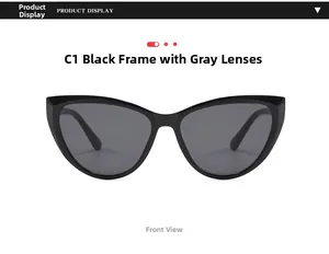 Front view of elegant cat eye sunglasses with black frames and gray lenses