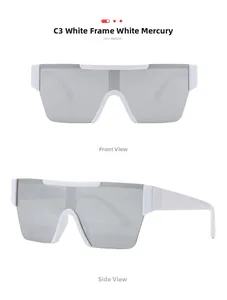 Vue détaillée de face et de profil des lunettes de soleil blanches à verres argentés