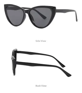 Detail shots of black cat-eye sunglasses showing side and back profiles for women