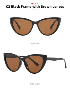 Front and side view of C2 black cat-eye sunglasses with gradient brown lenses