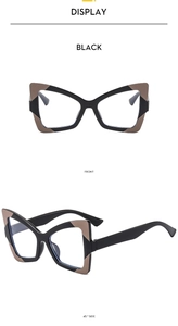 Vorder- und 45-Grad-Seitenansicht der Cateye-Brille mit schwarz-braunem geometrischem Rahmen