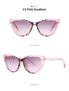 Detail of cat-eye sunglasses with pink floral frame and purple gradient lenses