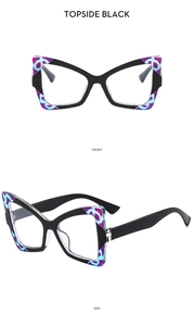 Vorder- und Seitenansicht von Cat-Eye-Brillen mit blauem und violettem Marmormuster-Detail
