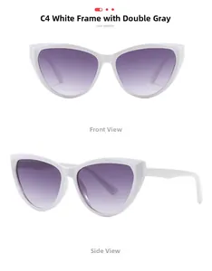 Front and side view of cat-eye sunglasses with white frame and purple gradient lenses
