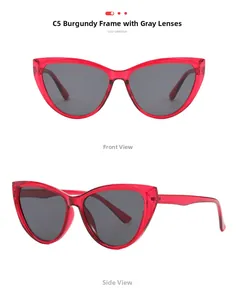 Detail of cat-eye sunglasses featuring translucent wine red frames and grey lenses