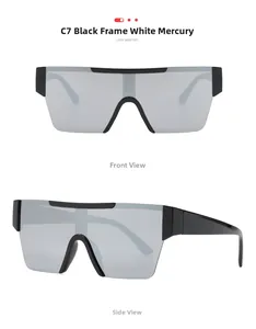 Détail de lunettes de soleil de cyclisme carrées avec monture noire C7 et verres argentés