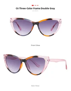 Detail of cat eye sunglasses C6 featuring a tricolor frame and grey gradient lenses