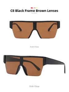 Détails des verres marron monobloc sans monture et du cadre noir de lunettes tendance