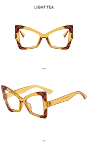 Detailansicht der helltee-farbenen Cat-Eye-Brille mit Leopard-Akzenten an den Ecken