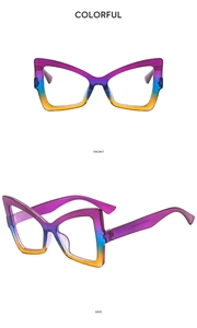 Details von Cat-Eye-Rahmen in Violett, Blau und Orange mit seitlichen Scharnieren