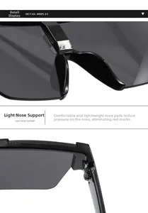 Détail des plaquettes de nez intégrées légères et des charnières sur lunettes noires