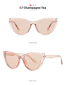 Close-up of champagne-tinted cat-eye sunglasses frames and transparent tea lenses C7
